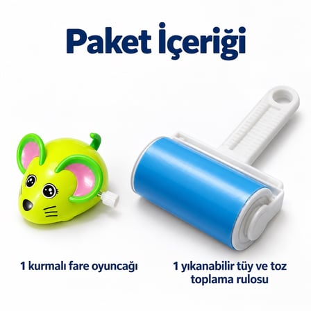 Busstier Fare Bahçesi – Kurmalı Fare Kedi Oyuncağı ve Tüy Temizleyici Seti