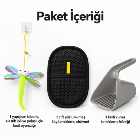 Busstier Kanat Adası – Elastik Peluş Uçlu Kedi Oltası ve Tüy Temizleyici, Kum Küreği Seti