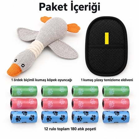 Busstier Ördek Saati – Kumaş Ördek Köpek Oyuncağı ve Tüy Temizleyici, Atık Poşeti Seti