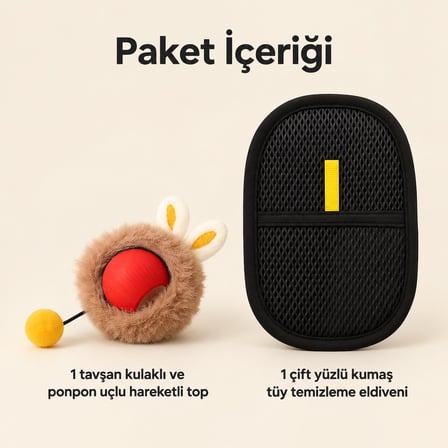 Busstier Tavşan Atlası – Peluş Kaplı Şarjlı Kedi Topu ve Tüy Temizleyici Seti