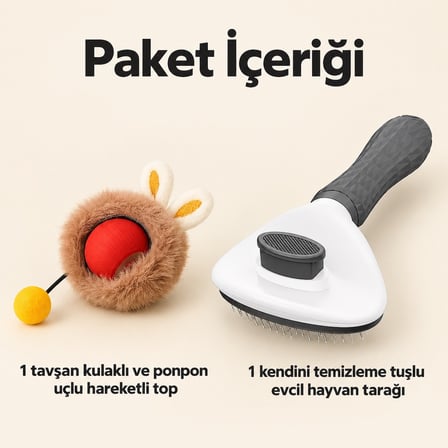 Busstier Tavşan Limanı – Peluş Kaplı Şarjlı Kedi Topu ve Tarak Seti