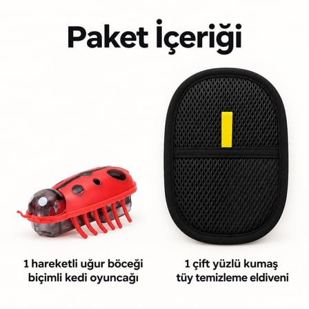 Busstier Uğur Bahçesi – Hareketli Uğur Böceği Kedi Oyuncağı ve Tüy Temizleyici Seti