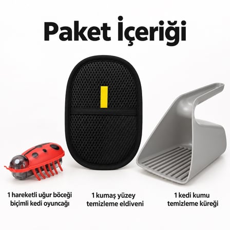 Busstier Uğur Saati – Hareketli Uğur Böceği Kedi Oyuncağı ve Tüy Temizleyici, Kum Küreği Seti