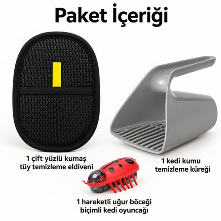 Busstier Uğur Durağı – Hareketli Uğur Böceği Kedi Oyuncağı ve Tüy Temizleyici, Kum Küreği Seti