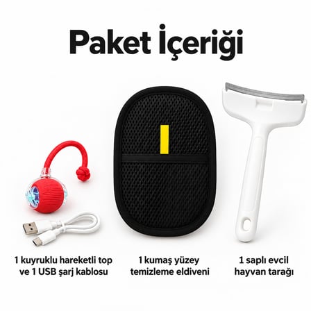 Busstier Kuyruk Saati – Şarjlı Hareketli Kedi Topu ve Tüy Temizleyici, Tarak Seti