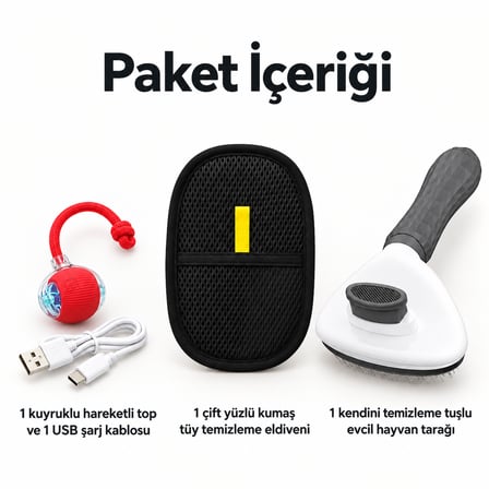 Busstier Kuyruk Durağı – Şarjlı Hareketli Kedi Topu ve Tüy Temizleyici, Tarak Seti