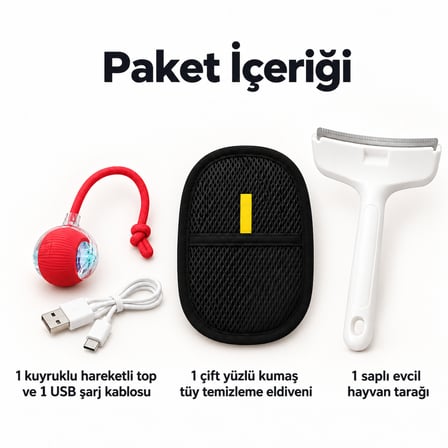 Busstier Kuyruk İzleri – Şarjlı Hareketli Kedi Topu ve Tüy Temizleyici, Tarak Seti