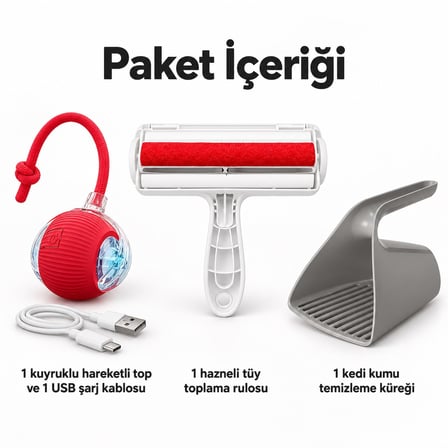 Busstier Kuyruk Güncesi – Şarjlı Hareketli Kedi Topu ve Tüy Temizleyici, Kum Küreği Seti