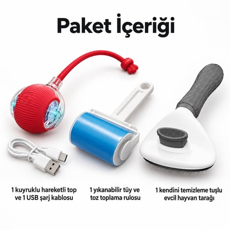 Busstier Kuyruk Masalı – Şarjlı Hareketli Kedi Topu ve Tüy Temizleyici, Tarak Seti