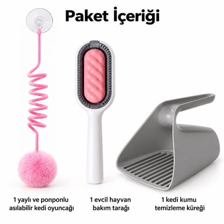 Busstier Spiral Çemberi – Yaylı Asılabilir Kedi Oyuncağı ve Tarak, Kum Küreği Seti