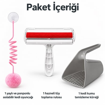 Busstier Spiral Masalı – Yaylı Asılabilir Kedi Oyuncağı ve Tüy Temizleyici, Kum Küreği Seti