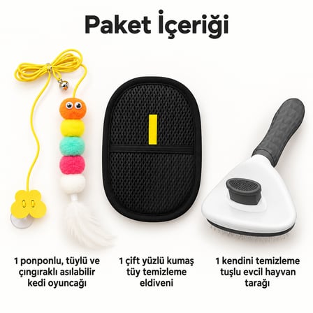 Busstier Mırmır Vadisi – Asılı Ponponlu Kedi Oltası ve Tüy Temizleyici, Tarak Seti