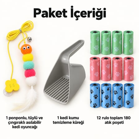 Busstier Mırmır Dalgası – Asılı Ponponlu Kedi Oltası ve Kum Küreği, Atık Poşeti Seti