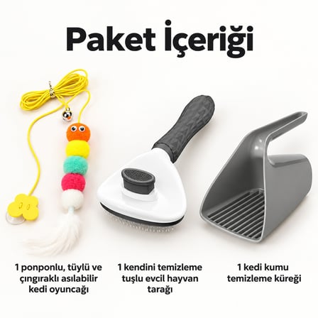 Busstier Mırmır Notası – Asılı Ponponlu Kedi Oltası ve Tarak, Kum Küreği Seti