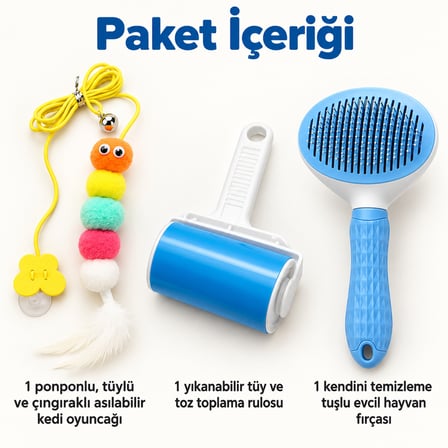 Busstier Mırmır Köşesi – Asılı Ponponlu Kedi Oltası ve Tüy Temizleyici, Tarak Seti