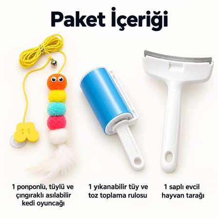 Busstier Mırmır Yörüngesi – Asılı Ponponlu Kedi Oltası ve Tüy Temizleyici, Tarak Seti