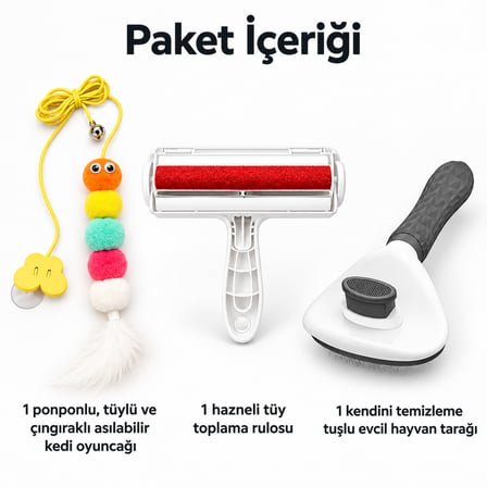 Busstier Mırmır Molası – Asılı Ponponlu Kedi Oltası ve Tüy Temizleyici, Tarak Seti