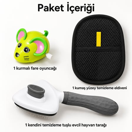 Busstier Fare Adası – Kurmalı Fare Kedi Oyuncağı ve Tüy Temizleyici, Tarak Seti