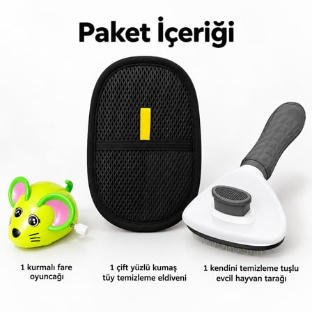 Busstier Fare Durağı – Kurmalı Fare Kedi Oyuncağı ve Tüy Temizleyici, Tarak Seti