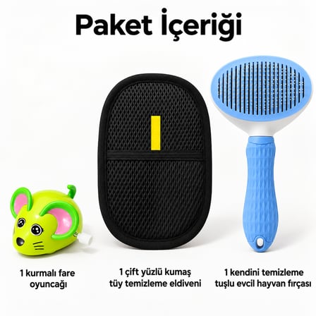 Busstier Fare Vadisi – Kurmalı Fare Kedi Oyuncağı ve Tüy Temizleyici, Tarak Seti