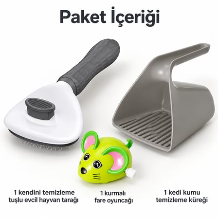 Busstier Fare Çemberi – Kurmalı Fare Kedi Oyuncağı ve Tarak, Kum Küreği Seti