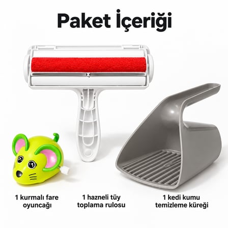 Busstier Fare Güncesi – Kurmalı Fare Kedi Oyuncağı ve Tüy Temizleyici, Kum Küreği Seti