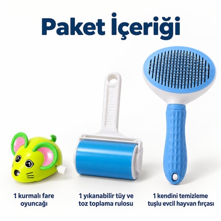 Busstier Fare Şafağı – Kurmalı Fare Kedi Oyuncağı ve Tüy Temizleyici, Tarak Seti