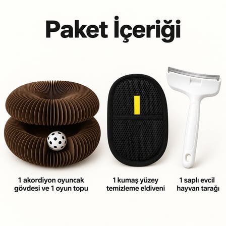 Busstier Akordeon Durağı – Akordiyon Top Kanallı Kedi Oyuncağı ve Tüy Temizleyici, Tarak Seti