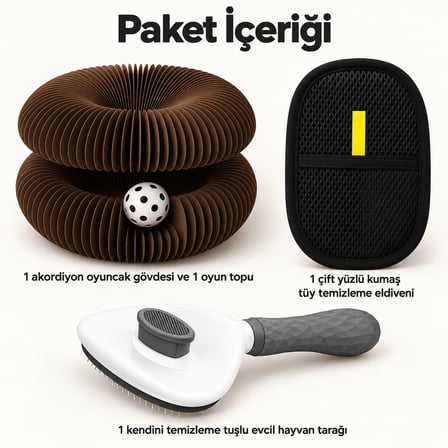 Busstier Akordeon Vadisi – Akordiyon Top Kanallı Kedi Oyuncağı ve Tüy Temizleyici, Tarak Seti