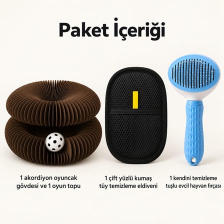 Busstier Akordeon İzleri – Akordiyon Top Kanallı Kedi Oyuncağı ve Tüy Temizleyici, Tarak Seti