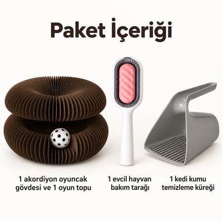 Busstier Akordeon Çemberi – Akordiyon Top Kanallı Kedi Oyuncağı ve Tarak, Kum Küreği Seti