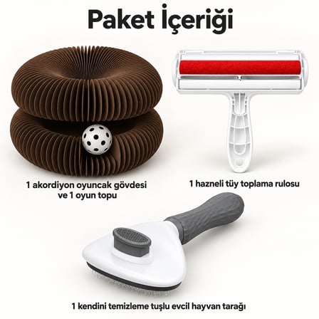 Busstier Akordeon Molası – Akordiyon Top Kanallı Kedi Oyuncağı ve Tüy Temizleyici, Tarak Seti