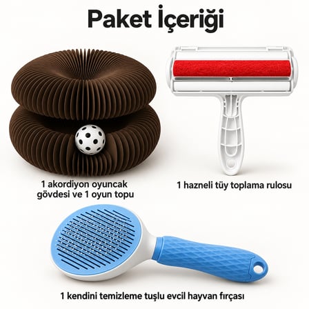 Busstier Akordeon Buluşması – Akordiyon Top Kanallı Kedi Oyuncağı ve Tüy Temizleyici, Tarak Seti