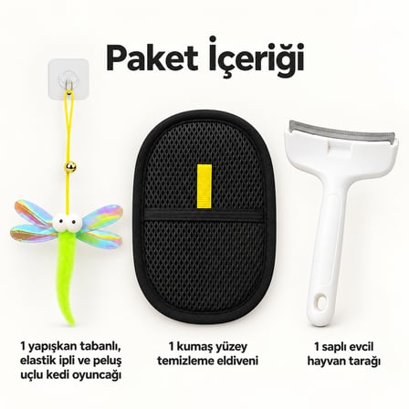 Busstier Kanat Durağı – Elastik Peluş Uçlu Kedi Oltası ve Tüy Temizleyici, Tarak Seti