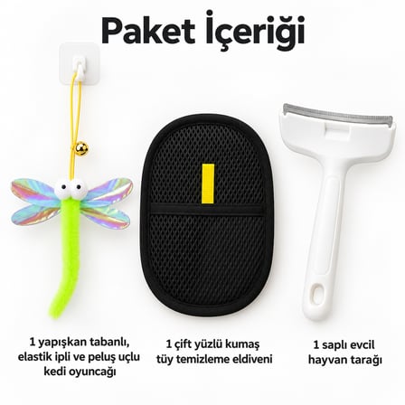 Busstier Kanat Ufkı – Elastik Peluş Uçlu Kedi Oltası ve Tüy Temizleyici, Tarak Seti