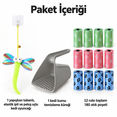 Busstier Kanat Dalgası – Elastik Peluş Uçlu Kedi Oltası ve Kum Küreği, Atık Poşeti Seti