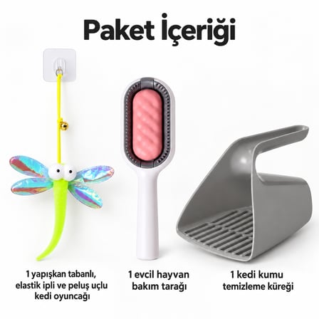 Busstier Kanat Çemberi – Elastik Peluş Uçlu Kedi Oltası ve Tarak, Kum Küreği Seti