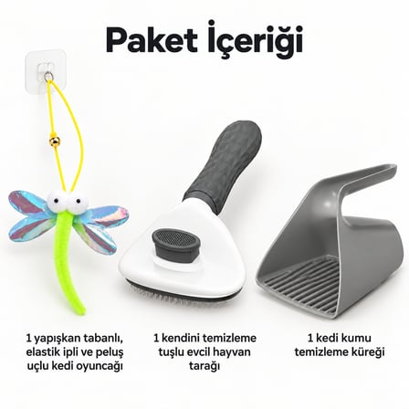 Busstier Kanat Notası – Elastik Peluş Uçlu Kedi Oltası ve Tarak, Kum Küreği Seti