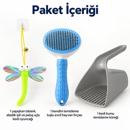 Busstier Kanat Kıyısı – Elastik Peluş Uçlu Kedi Oltası ve Tarak, Kum Küreği Seti