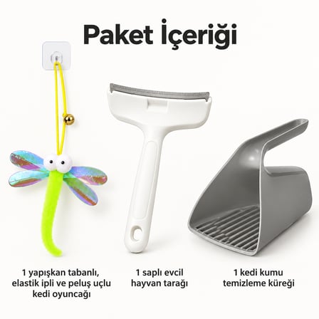 Busstier Kanat Güncesi – Elastik Peluş Uçlu Kedi Oltası ve Tarak, Kum Küreği Seti