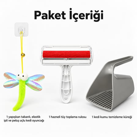 Busstier Kanat Masalı – Elastik Peluş Uçlu Kedi Oltası ve Tüy Temizleyici, Kum Küreği Seti