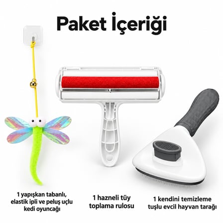 Busstier Kanat Molası – Elastik Peluş Uçlu Kedi Oltası ve Tüy Temizleyici, Tarak Seti