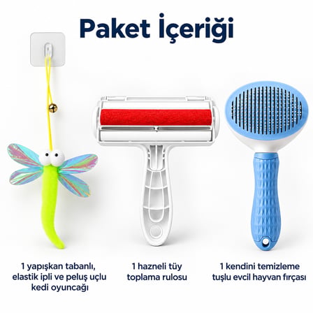 Busstier Kanat Buluşması – Elastik Peluş Uçlu Kedi Oltası ve Tüy Temizleyici, Tarak Seti