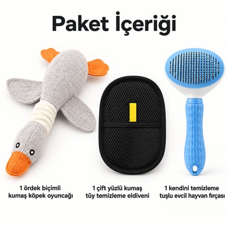 Busstier Ördek Dalgası – Kumaş Ördek Köpek Oyuncağı ve Tüy Temizleyici, Tarak Seti