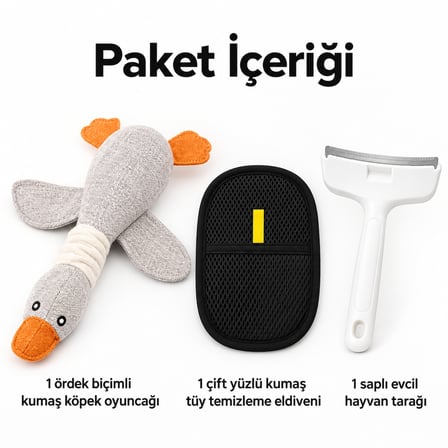 Busstier Ördek Çemberi – Kumaş Ördek Köpek Oyuncağı ve Tüy Temizleyici, Tarak Seti