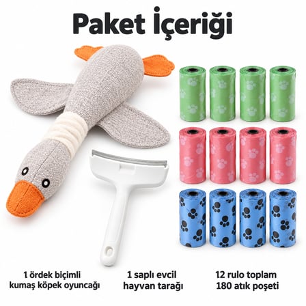 Busstier Ördek Molası – Kumaş Ördek Köpek Oyuncağı ve Tarak, Atık Poşeti Seti