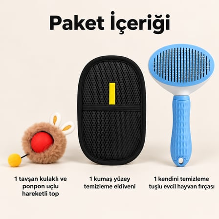 Busstier Tavşan Saati – Peluş Kaplı Şarjlı Kedi Topu ve Tüy Temizleyici, Tarak Seti
