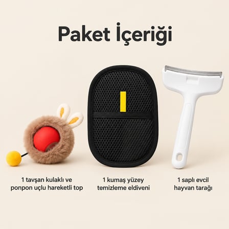 Busstier Tavşan Durağı – Peluş Kaplı Şarjlı Kedi Topu ve Tüy Temizleyici, Tarak Seti