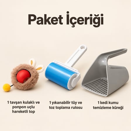Busstier Tavşan Yıldızı – Peluş Kaplı Şarjlı Kedi Topu ve Tüy Temizleyici, Kum Küreği Seti