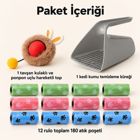 Busstier Tavşan Dalgası – Peluş Kaplı Şarjlı Kedi Topu ve Kum Küreği, Atık Poşeti Seti